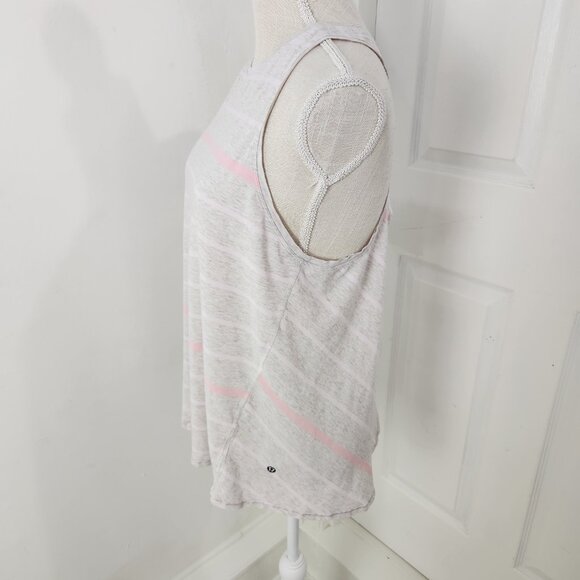 Lululemon Top Womens 6 Pink Gray Striped Split Back Open Tie Tank Crewneck - Picture 3 of 15